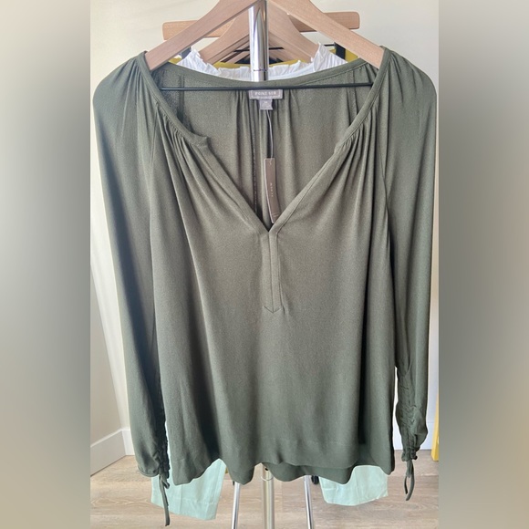 J.CREW POINT SUR Blouse Drapey Open V-Neck Long Sleeve Ruched Flowy Green J6240 - Picture 5 of 10